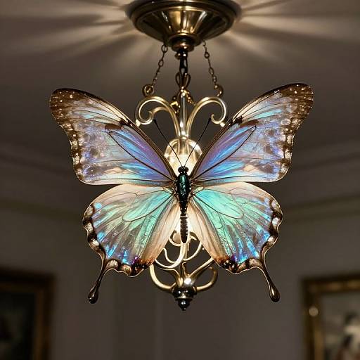 Photograph of an elegant, illuminated butterfly chandelier with iridescent blue and white wings, gold accents, and ornate design, hanging in a