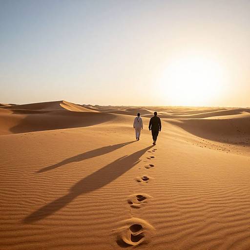 Photograph of two silhouetted figures walking in vast, sunlit desert with rippled sand, long shadows, and clear sky at sunset.