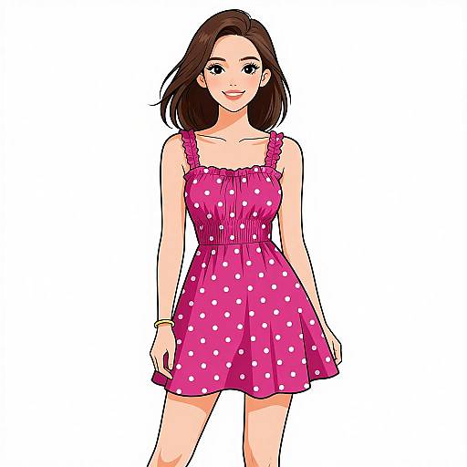 Digital illustration of a smiling woman with shoulder-length brown hair, wearing a pink polka dot sleeveless dress, standing against a white background.