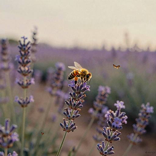 Photograph of a honeybee with translucent wings, collecting nectar from a lavender flower, surrounded by purple lavender blooms with two small butterflies in the blurred