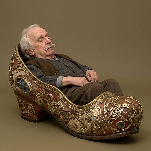 Elderly Man Sleeping in Ornate Shoe