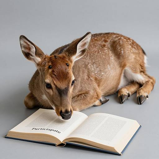 Curious Baby Deer Reading on Grey Floor