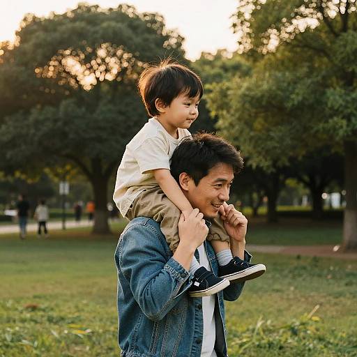 Father Carrying Child on Shoulders at Sunset