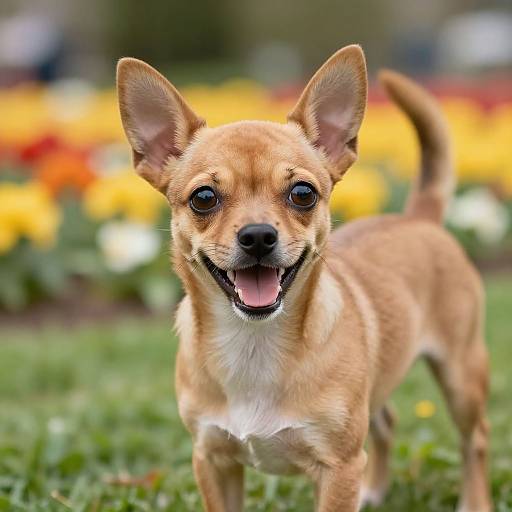 Photograph of a happy, small, tan Chihuahua with large ears, white chest, and open mouth, standing on green grass with blurred