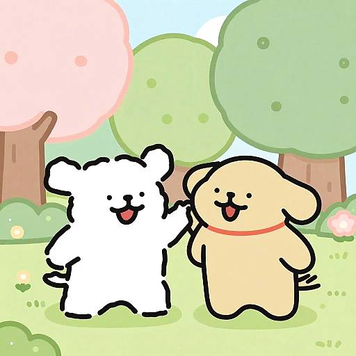 Cute, digital illustration of two smiling teddy bears—one white, one beige—standing in a colorful, cartoonish forest with trees and grass.