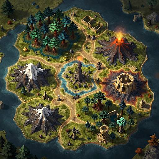 Overhead map of a vibrant fantasy island with glowing paths, erupting volcanoes, rivers, forests, and small settlements, showcasing a colorful, detailed