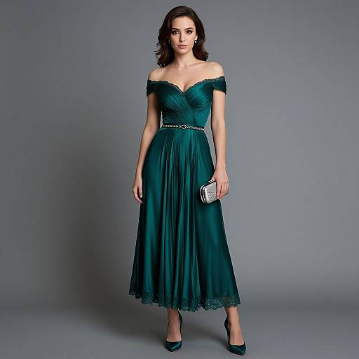 Photograph of a dark-haired woman in an off-shoulder, teal, floor-length dress holding a silver clutch, standing against a gray background.