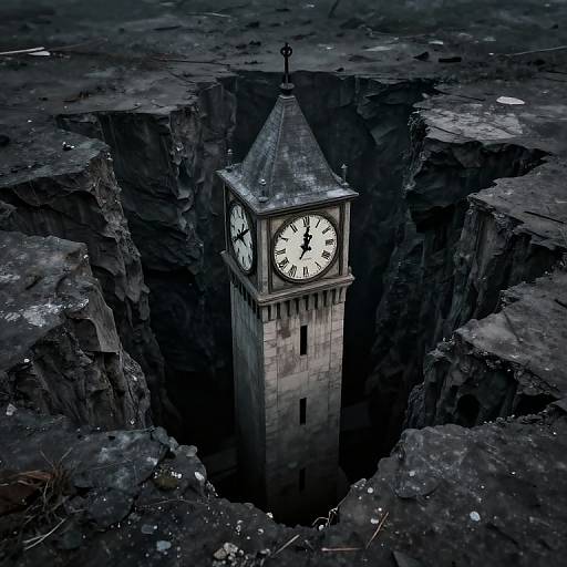 Photograph of a tall, stone clock tower emerging from a deep, rugged, dark cave, with a white clock face showing Roman numerals.