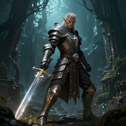 Digital fantasy artwork of a white-haired, elven warrior in dark, ornate armor, holding a glowing sword in a misty, forested ruins