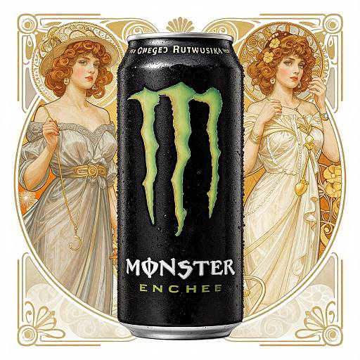 Digital artwork: Two fair-skinned, red-haired women in white and gray gowns, Art Nouveau style, frame a Monster Energy can with green