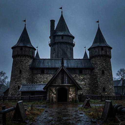 Nordic Viking Longhouse Castle at Night
