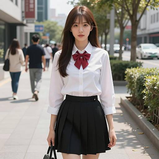 Asian Woman in School Uniform on City Sidewalk