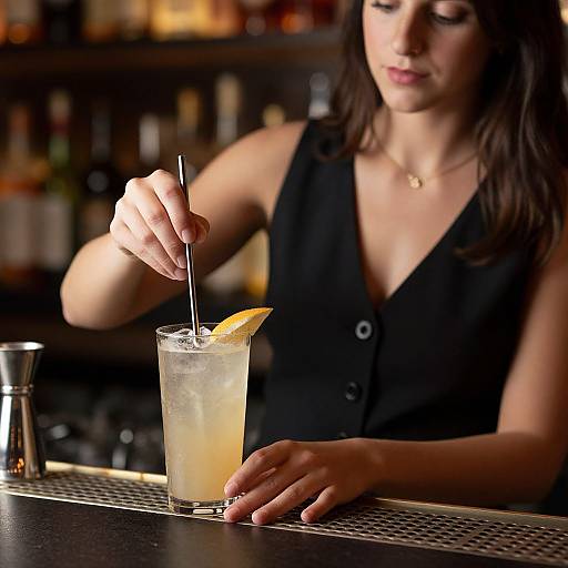 Photograph of a young woman in a black sleeveless top, stirring a cocktail with a lemon slice on the bar counter.