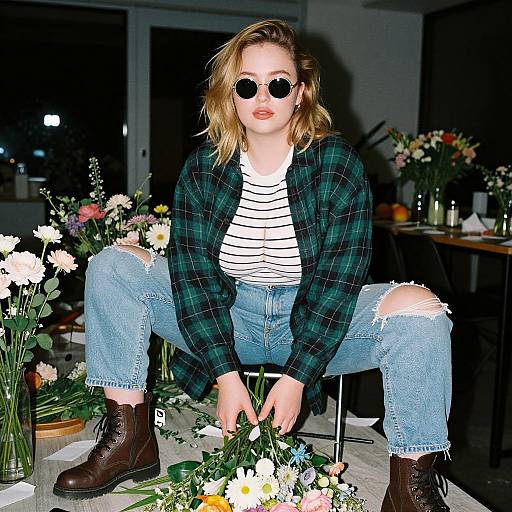 Photograph of a blonde woman with round sunglasses, green plaid shirt, ripped jeans, brown boots, and striped top, squatting among flower arrangements