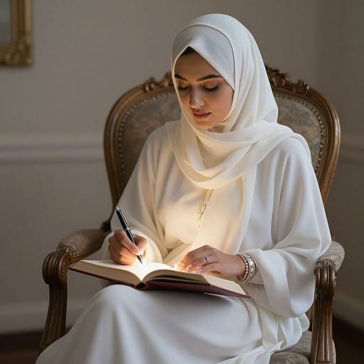 Photograph of a veiled woman in white Islamic dress, writing in an open book illuminated by a small lamp, seated in an ornate wooden chair