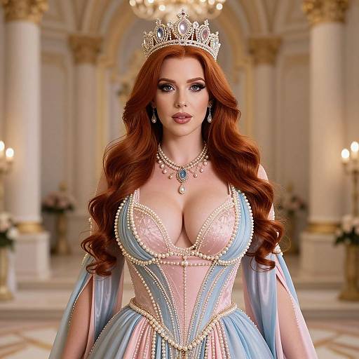 Photograph of a fair-skinned, red-haired woman with large breasts, wearing a blue and pink, pearl-embellished gown, ornate