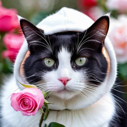 Realistic Cat Holding a Pink Rose