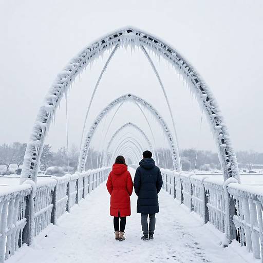Photograph of two people in winter coats, one red and one black, walking on a snow-covered, arched bridge with icy railings.
