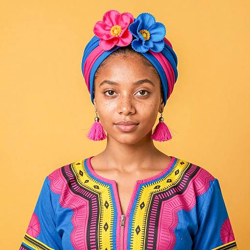 Young Woman in Colorful Traditional Dress and Headwrap