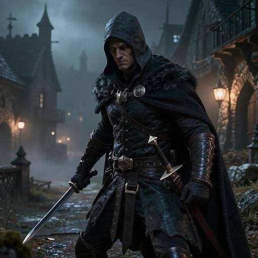 Photorealistic CGI of a grim, hooded warrior in dark fur and leather armor, holding a sword on a foggy, medieval street with stone