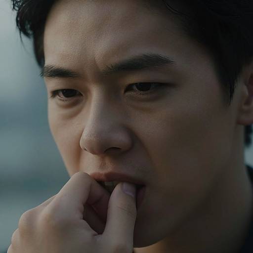 Close-up photograph of an East Asian man with short black hair, dark eyebrows, and serious expression, biting his index finger. Background is blurred and dim