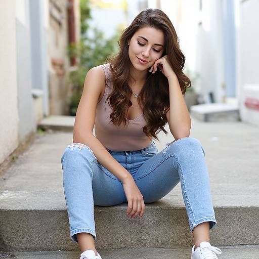 Photograph of a young woman with long brown hair, wearing a pink tank top and ripped blue jeans, sitting on concrete steps, smiling thoughtfully,