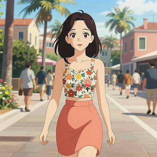 Anime-style drawing of a young woman with black hair, wearing a floral crop top and pink skirt, walking on a sunny, palm-tree-lined street with