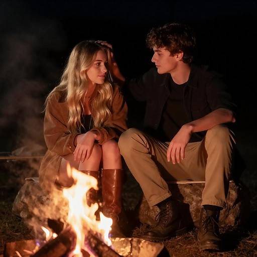 Couple by Campfire at Night