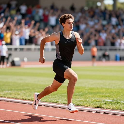 Photograph of a muscular, young male runner in a black sleeveless top and black shorts, sprinting on a track with a cheering crowd in the