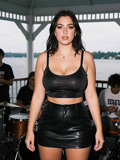 Photograph of a confident woman with pale skin, black shoulder-length hair, wearing a sparkly black crop top and high-waisted leather skirt,