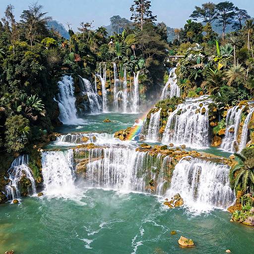 Photograph of a lush, multi-tiered waterfall cascading over rocky, green-covered cliffs into a turquoise pool, surrounded by dense tropical foliage and tall