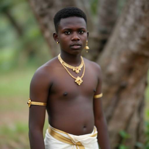 Photograph of a young, dark-skinned African man with short black hair, wearing gold jewelry, a white cloth around his waist, standing in a