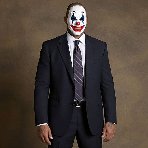 Photograph of a tall, bald man in a black suit, white shirt, and striped tie, with a white clown mask featuring red lips and blue