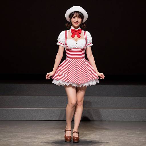 Photograph of an Asian woman in a white beret, red-and-white striped dress with white puffed sleeves and lace trim, brown Mary Jane shoes