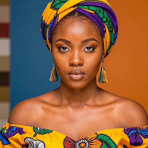 African Woman in Colorful Headwrap and Dress