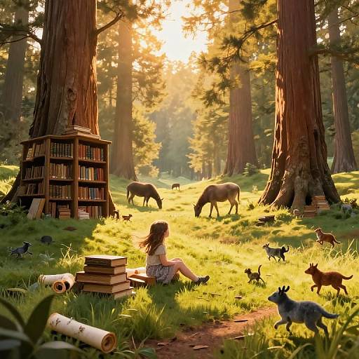 Digital art: A girl with long brown hair sits on grass, surrounded by books and animals, in a sunlit redwood forest.