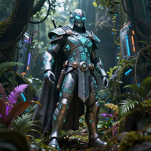 CGI image of a futuristic armored knight with glowing blue accents, standing in a lush, neon-lit jungle with towering trees.