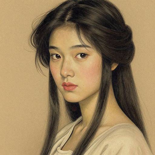 Digital painting of an Asian woman with long black hair, soft pink lips, and a neutral expression, wearing a white shirt, against a beige background.