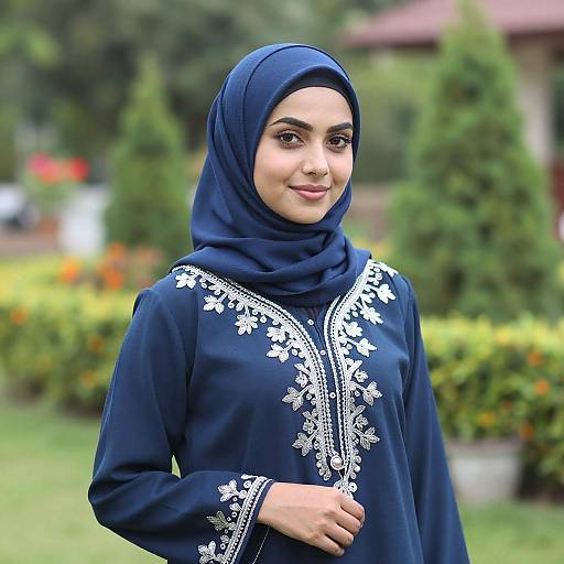 Young Woman in Blue Hijab Garden