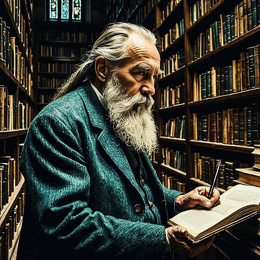 Elderly Man Reading in Ancient Library