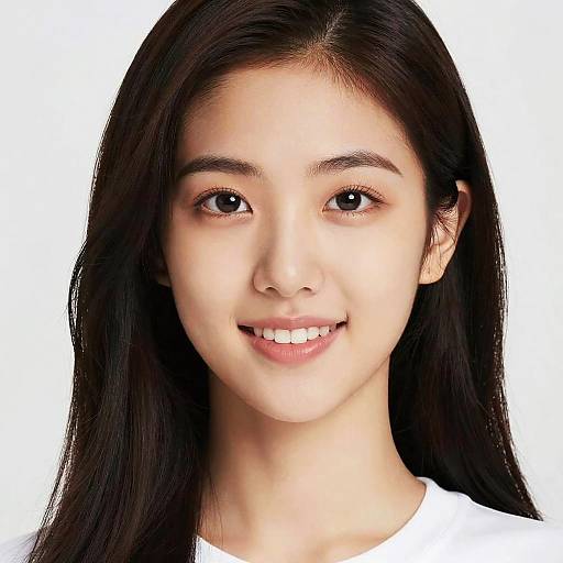 Photograph of a young Asian woman with long, straight black hair, fair skin, and a warm smile, wearing a white shirt against a plain white