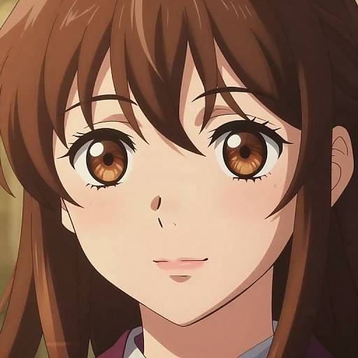 Digital anime-style portrait of a young girl with large, brown, sparkling eyes, brown hair, and a gentle smile, set against a blurred yellowish