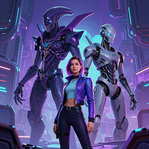 CGI image of a confident woman in a blue leather jacket standing between a black alien creature and a white robot in a neon-lit futuristic sci-fi