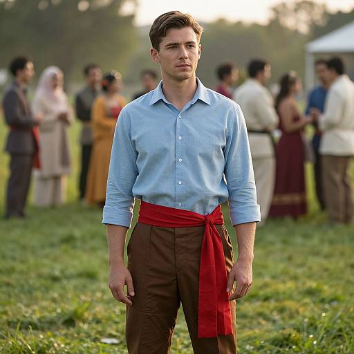 Photograph of a young man with short brown hair, wearing a light blue shirt, brown pants, and a red sash, standing in a grass