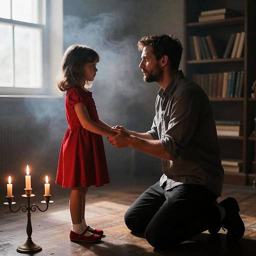 Emotional Moment in a Foggy Room