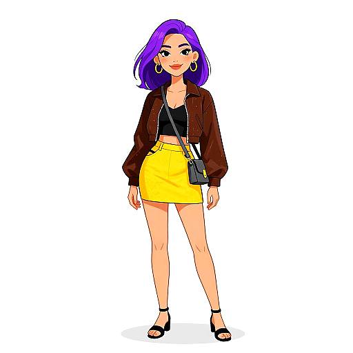 Digital illustration of a confident woman with purple hair, wearing a brown jacket, black top, yellow skirt, black sandals, and hoop earrings. She carries