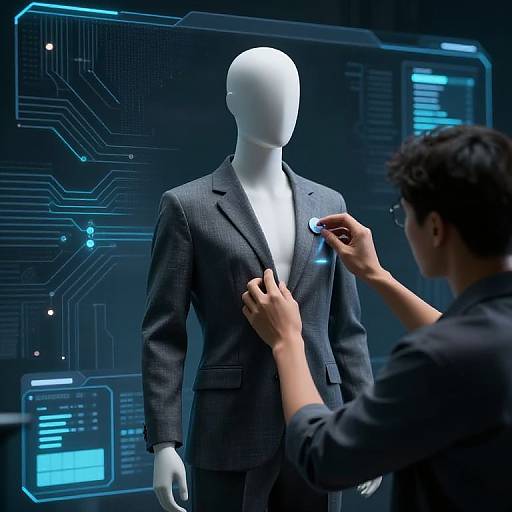 Photograph of a faceless white mannequin in a gray blazer being fitted with a blue smart button by a man with dark hair. Background