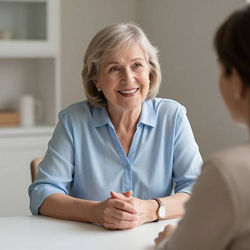 Photograph of a smiling middle-aged woman with short gray hair, wearing a light blue button-up shirt, seated at a white table, speaking with a