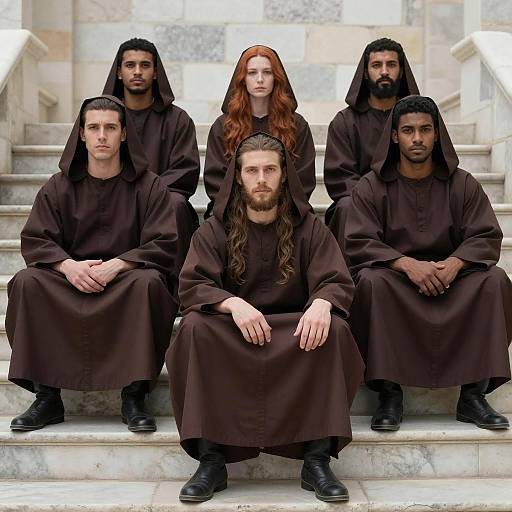 Group in Dark Brown Robes on Stone Steps