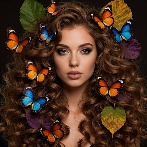 Photograph of a young woman with long curly brown hair, surrounded by vibrant orange, blue, and purple butterflies, with autumn leaves, against a black
